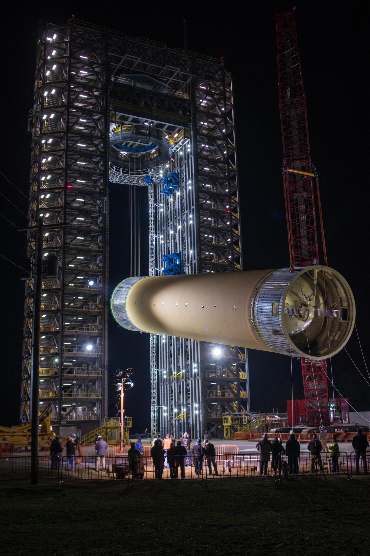 Space Launch System Liquid Hydrogen Tank Test Article Positioned in Test Stand at NASA’s Marshall Space Flight Center