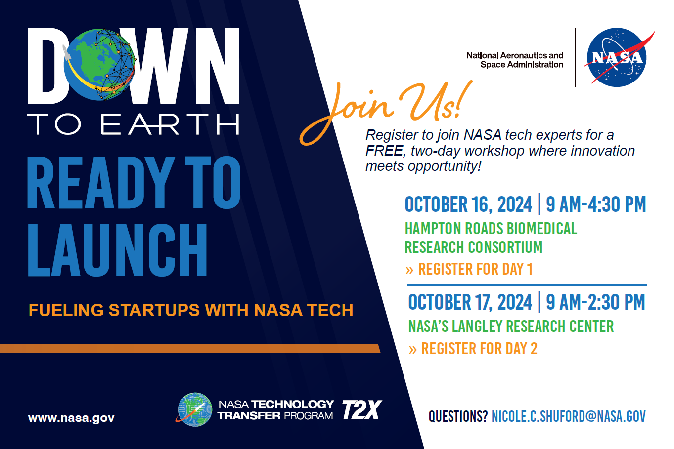 Marketing flyer for the event: Down to Earth, Ready for Launch Fueling Startups with NASA Tech