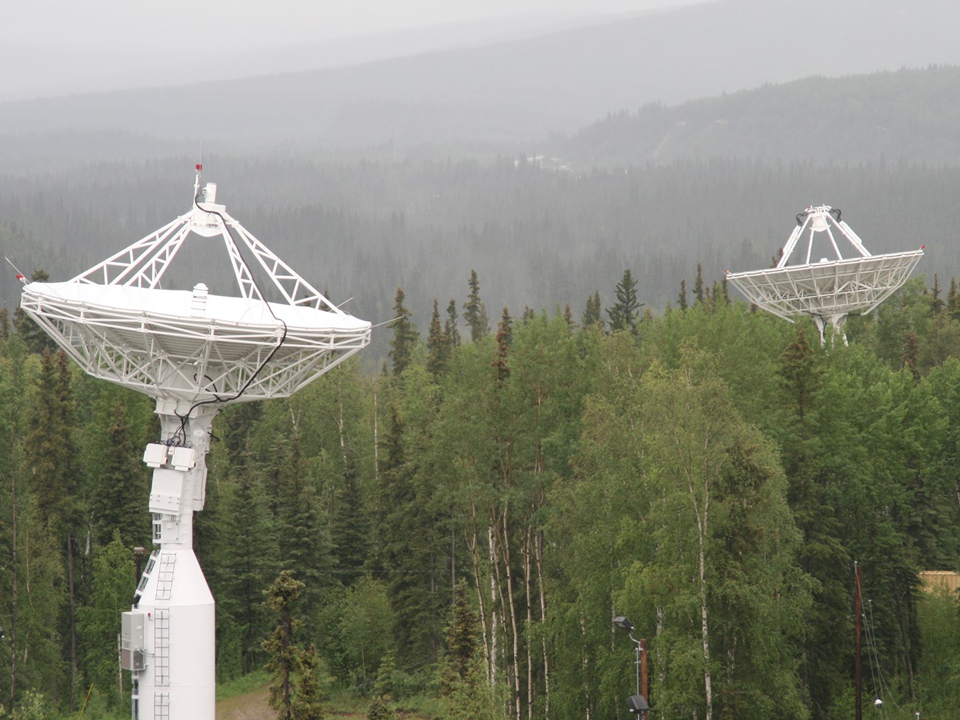 Two satellites against green forestry. Ground station.