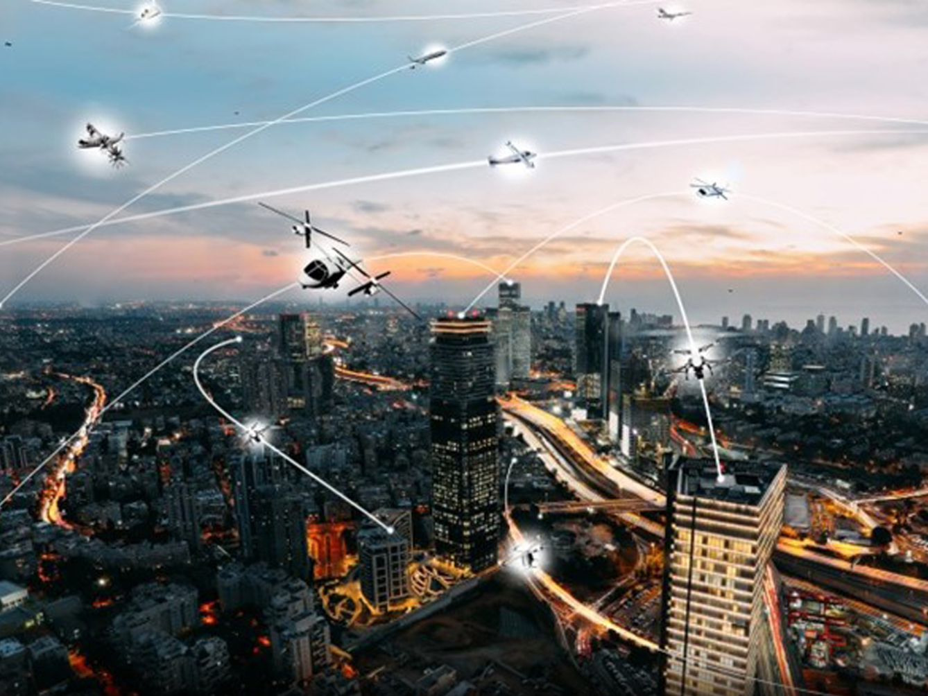 Illustrated graphic of autonomous vehicles in an urban environment