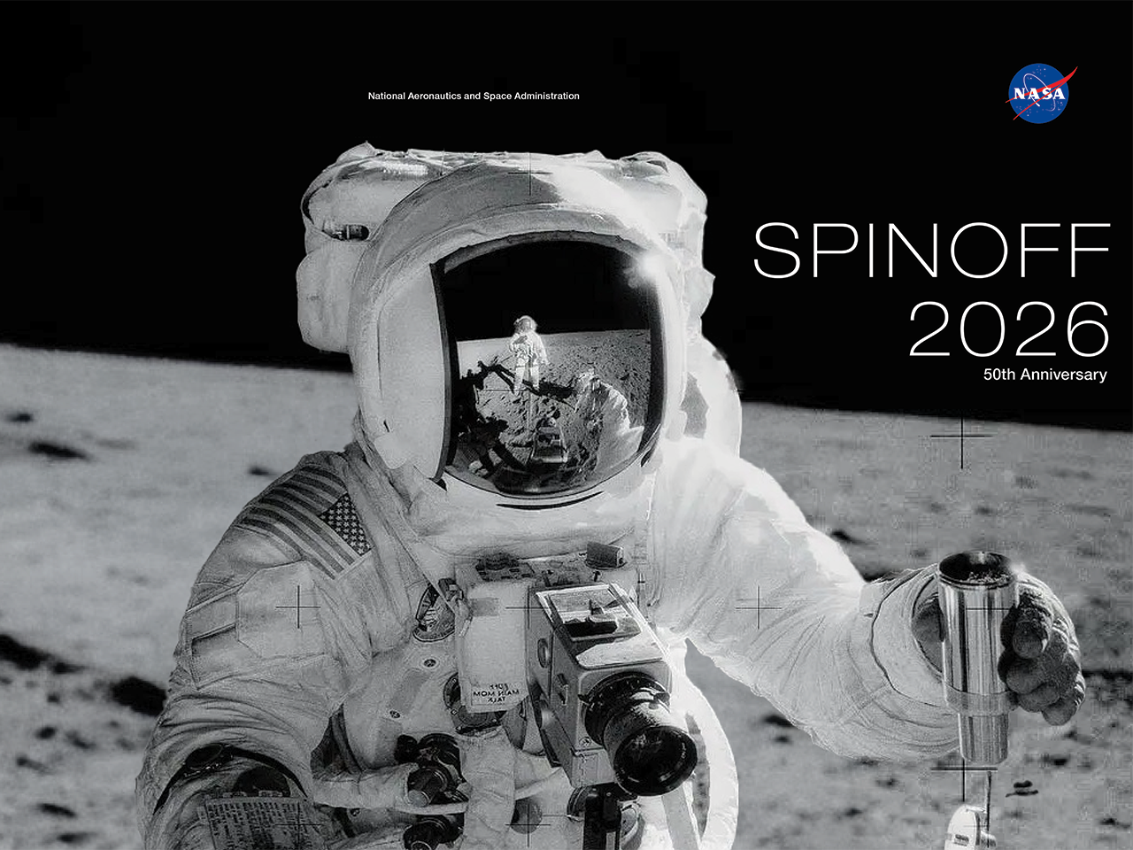 Spinoff 2026 marks the publication’s 50th year documenting commercial uses of NASA technology. This edition’s cover features NASA astronaut Alan Bean holding an environmental sample container filled with lunar soil during the Apollo 12 mission of November 1969. NASA astronaut Charles Conrad Jr., who took this picture, is reflected in Bean’s helmet visor. Credit: NASA