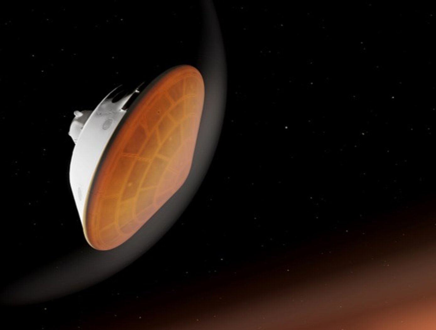 Illustrated graphic of the perseverance rover re-entering the Martian atmosphere