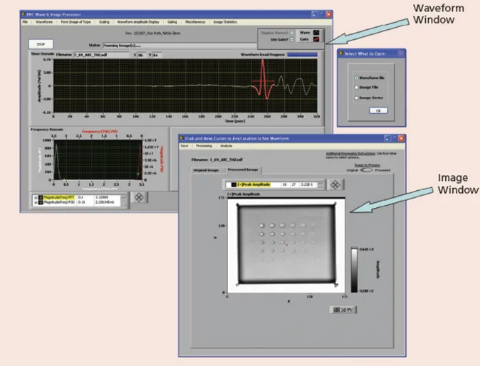  Graphical user-interface windows are shown for NASA NDE wave and image processor software. 