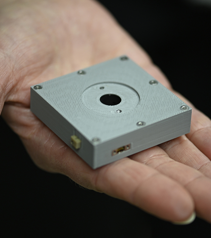 At 0.5 inches x 2 inches x 2 inches, the Multi-Parameter Aerosol Scattering Sensor  is so small it can fit in the palm of your hand, making it ideal for wearable applications.