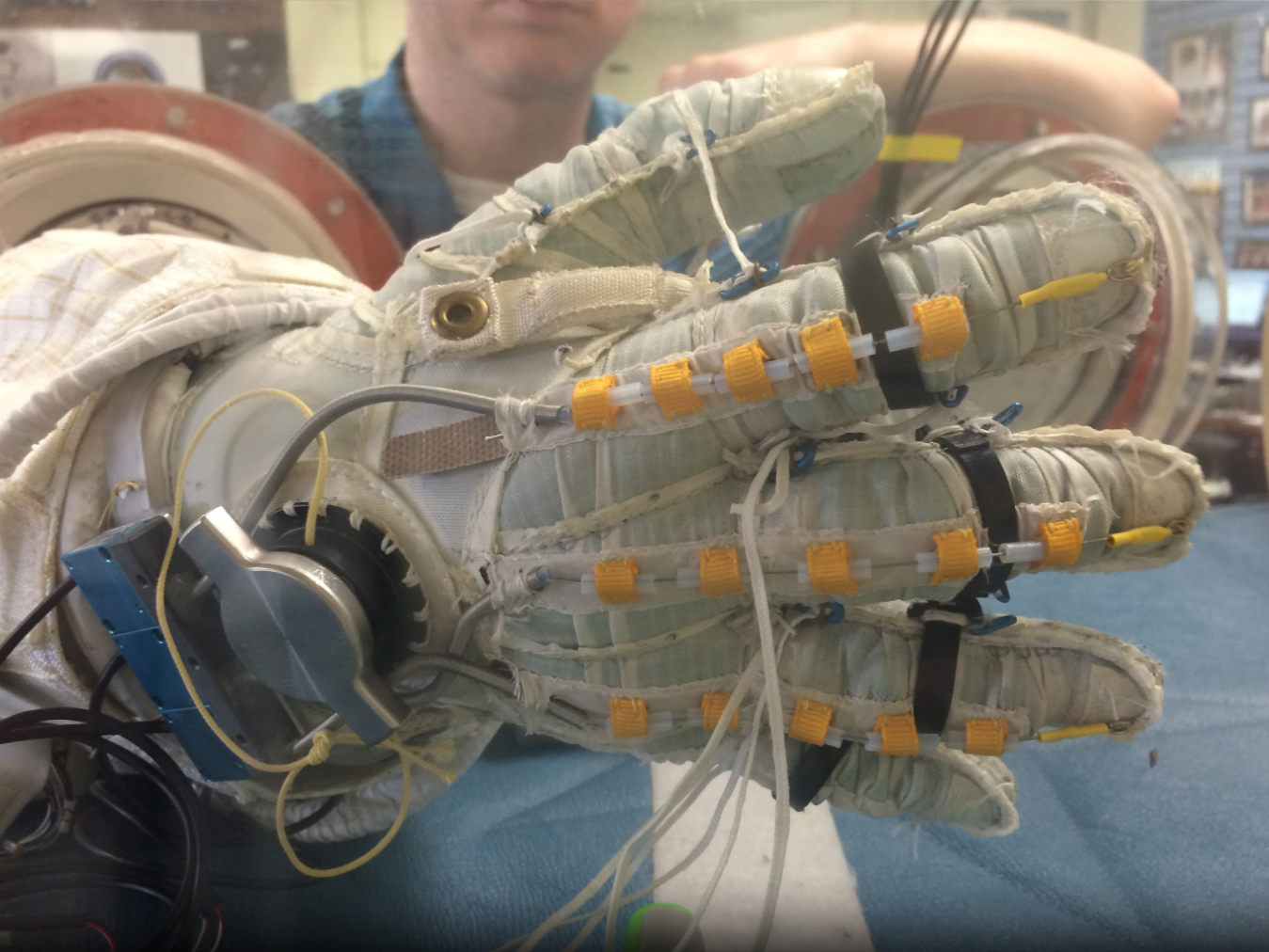 Photograph of NASA Johnson Space Center's enhanced second-generation, robotically assisted extravehicular activity (EVA) glove (the SSRG)