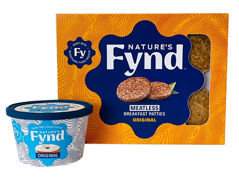 Nature’s Fynd products: meat-alternative breakfast patties and dairy-free “cream cheese”