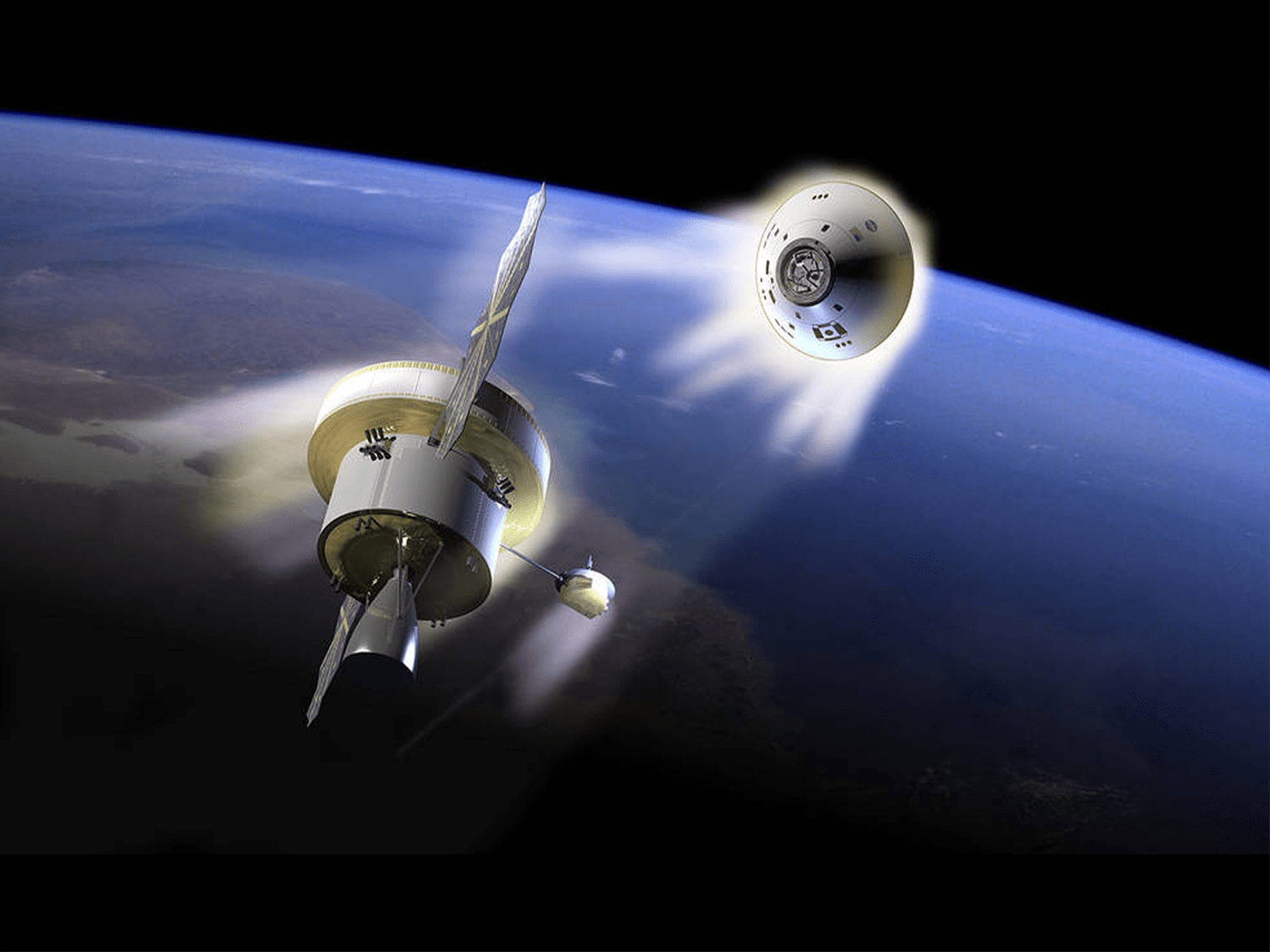 Rendering of a space capsule launching from a spacecraft 