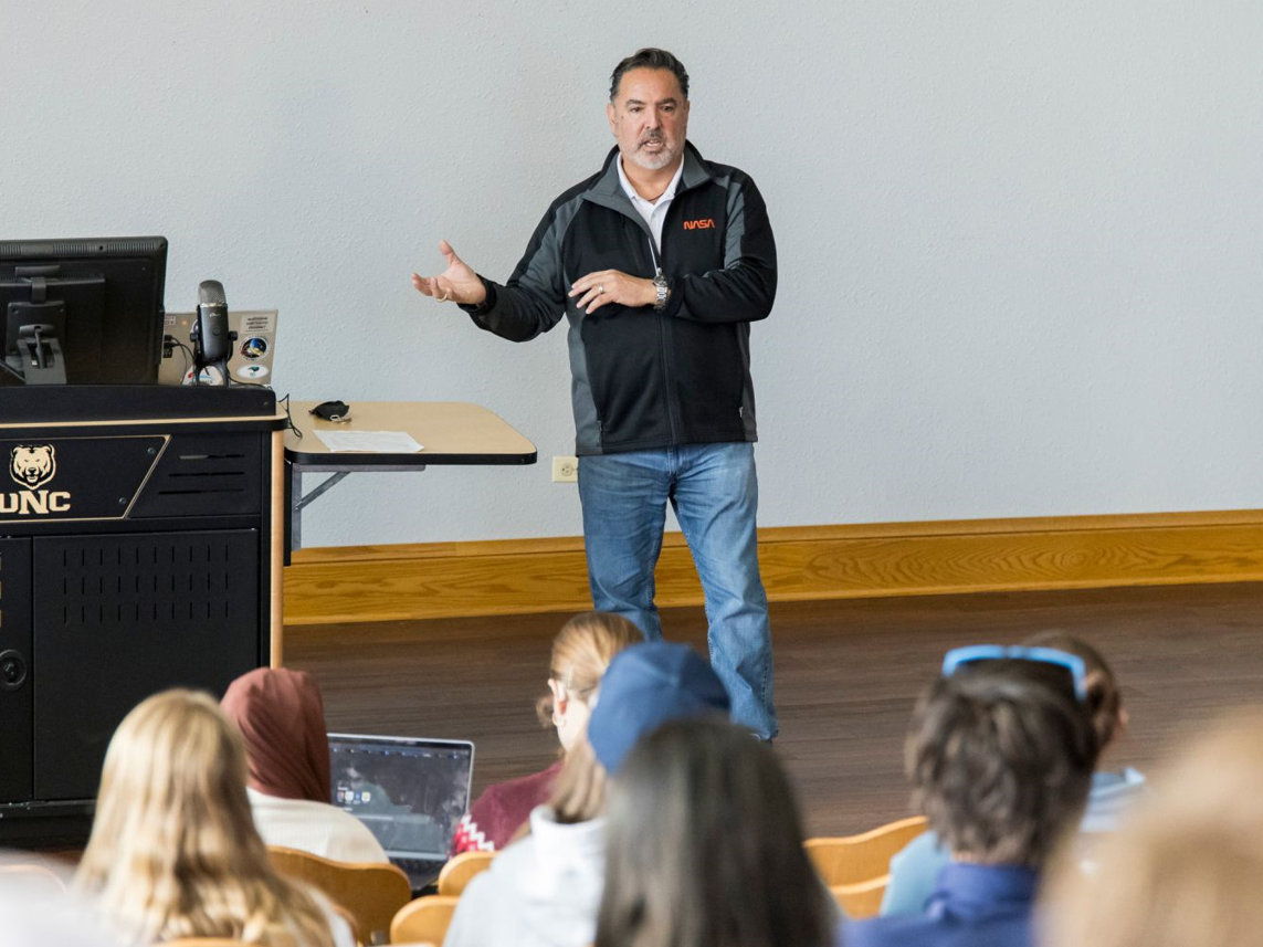 Walter Ugalde presents at UNC Monfort College of Business before their initial semester of NASA Technology Transfer University
