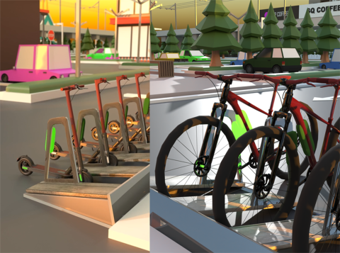Illustrated graphic of e-bikes and e-scooters at their hybrid charging station