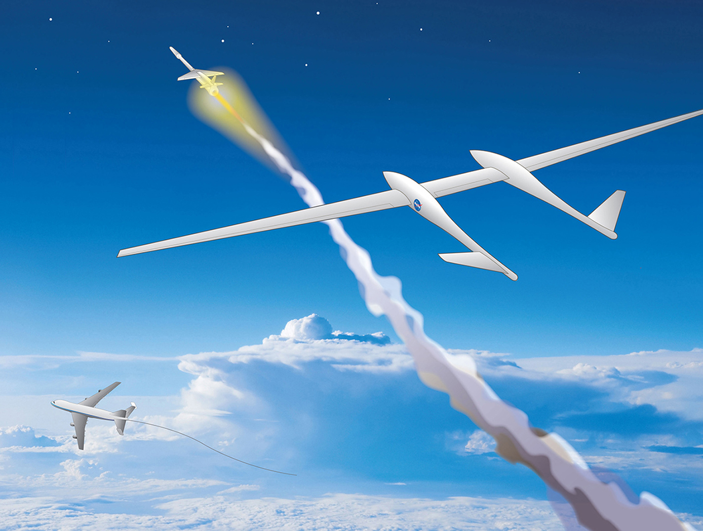 This artist's rendering shows the dual-fuselage glider and space-bound rocket moments after air launch, while the large towing airplane clears the launch area. (NASA image)