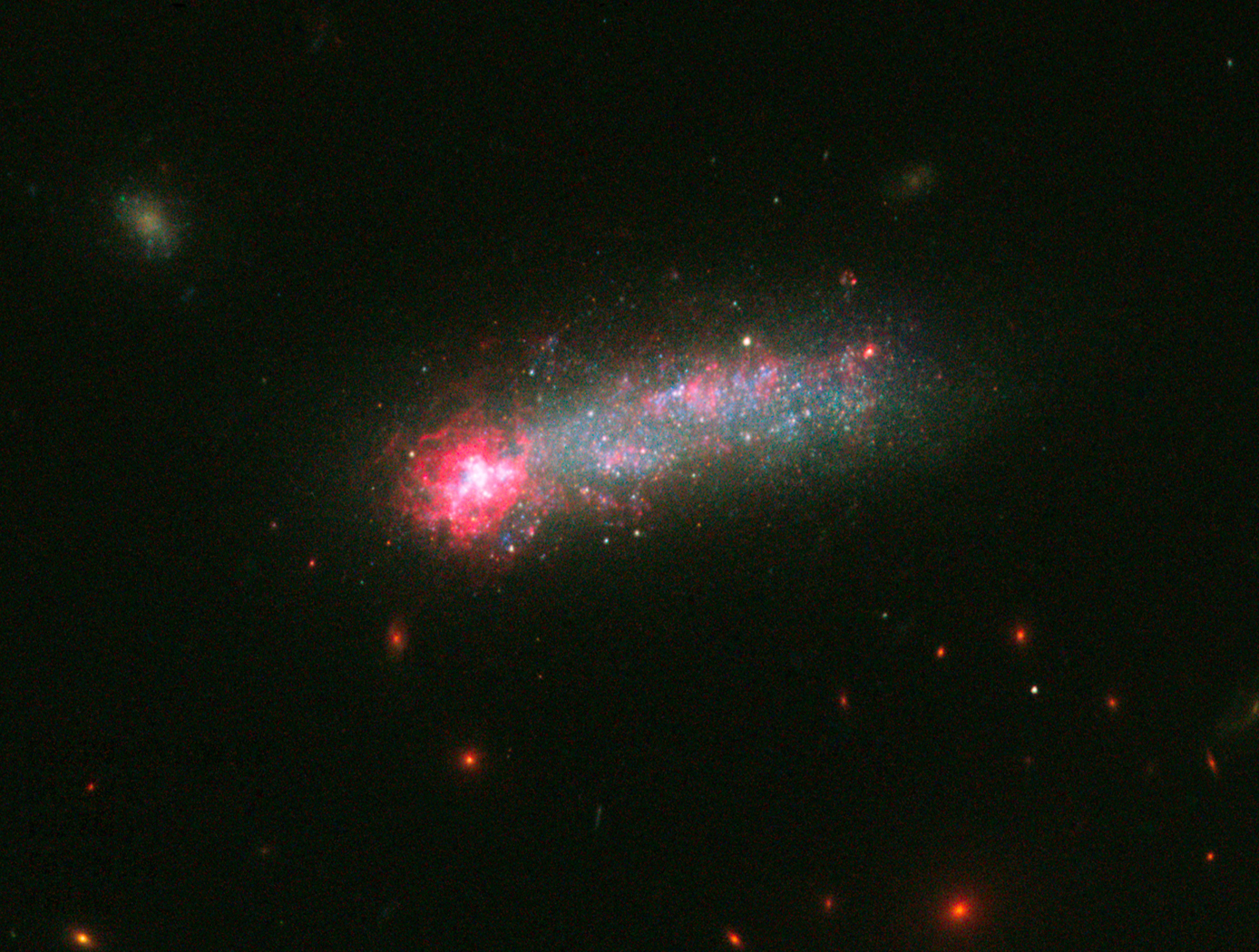 Hubble Reveals Stellar Fireworks in Skyrocket Galaxy -- A firestorm of star birth is lighting up one end of the diminutive galaxy Kiso 5639.