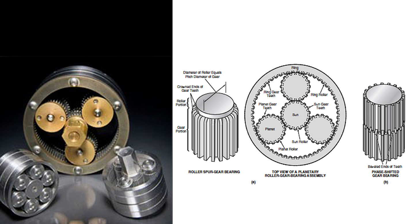 Photos (left) and line drawings (right) of gear bearings
