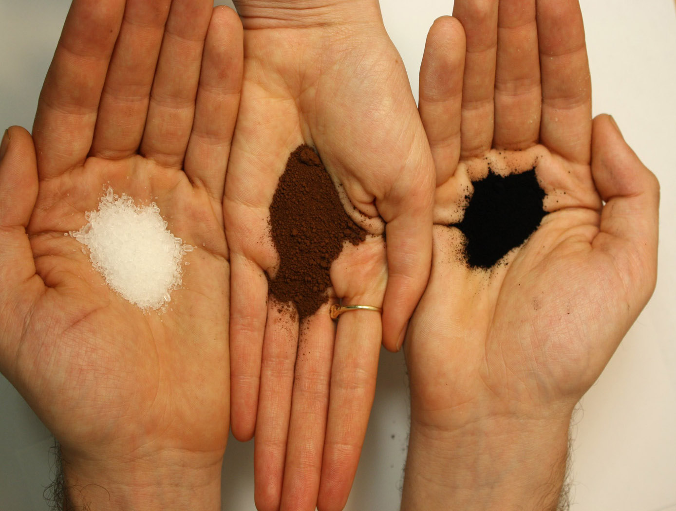 This image shows magnesium sulfate from epsom salt (left), iron oxide containing manganese from an artist pigment (middle), carbon black from an artist pigment (right).