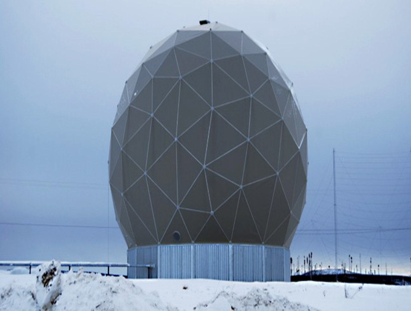 Inside this geodesic dome is the 11-meter Universal Space Network (USN) Poker Flat Satellite Station antenna in Poker Flats, Alaska. This satellite supports communication with many NASA satellites, especially those in low earth orbit at high inclinations.