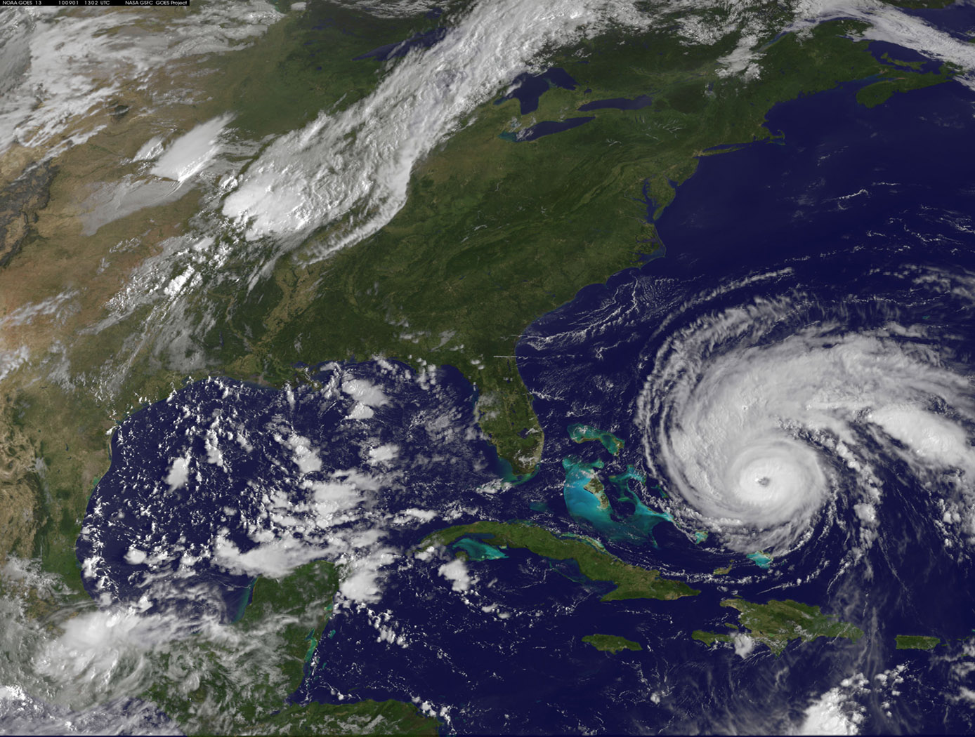 NASA GOES 13 satellite image showing the US east coast and Hurricane Earl on September 1, 2010 13:10 UTC.