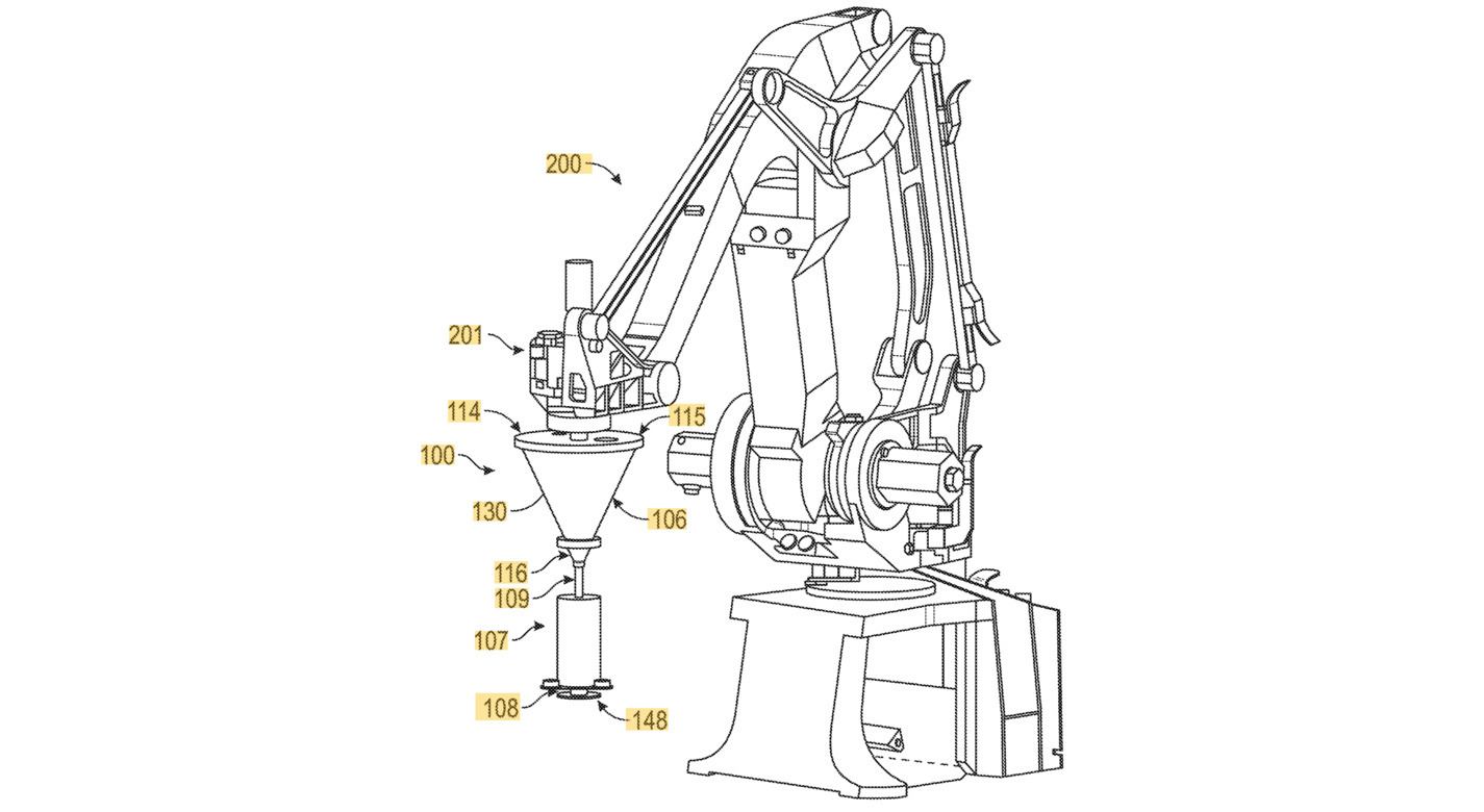 An environmental view of the patented and jointly developed 3D print head mechanism, in combination with a robotic arm (200).