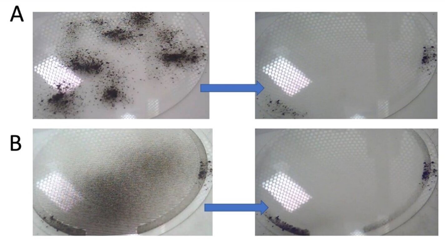 Examples of the EDS actively removing the dust from glass surfaces under vacuum when dust is placed by (a) a brush and (b) by a vacuum dust deposition system.