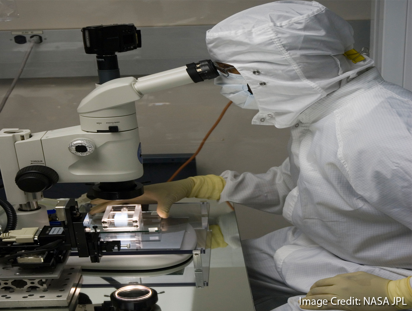 Researcher looking into a microscope