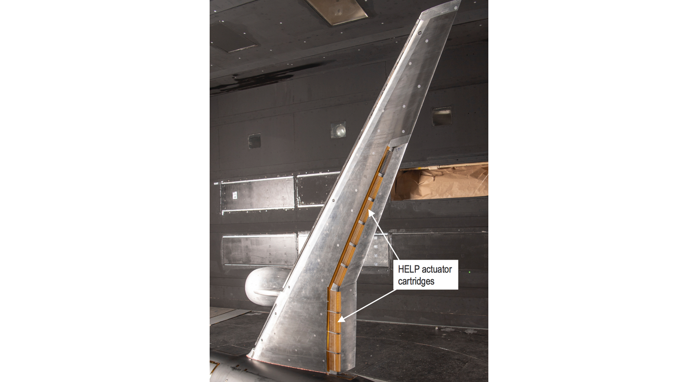 HELP actuator cartridges on the NASA High-Lift Common Research Model (CRM-HL). Testing proved that HELP flow control actuators were very effective in controlling the substantial flow separation on a simple-hinged flap system with a 50 degree flap deflection.