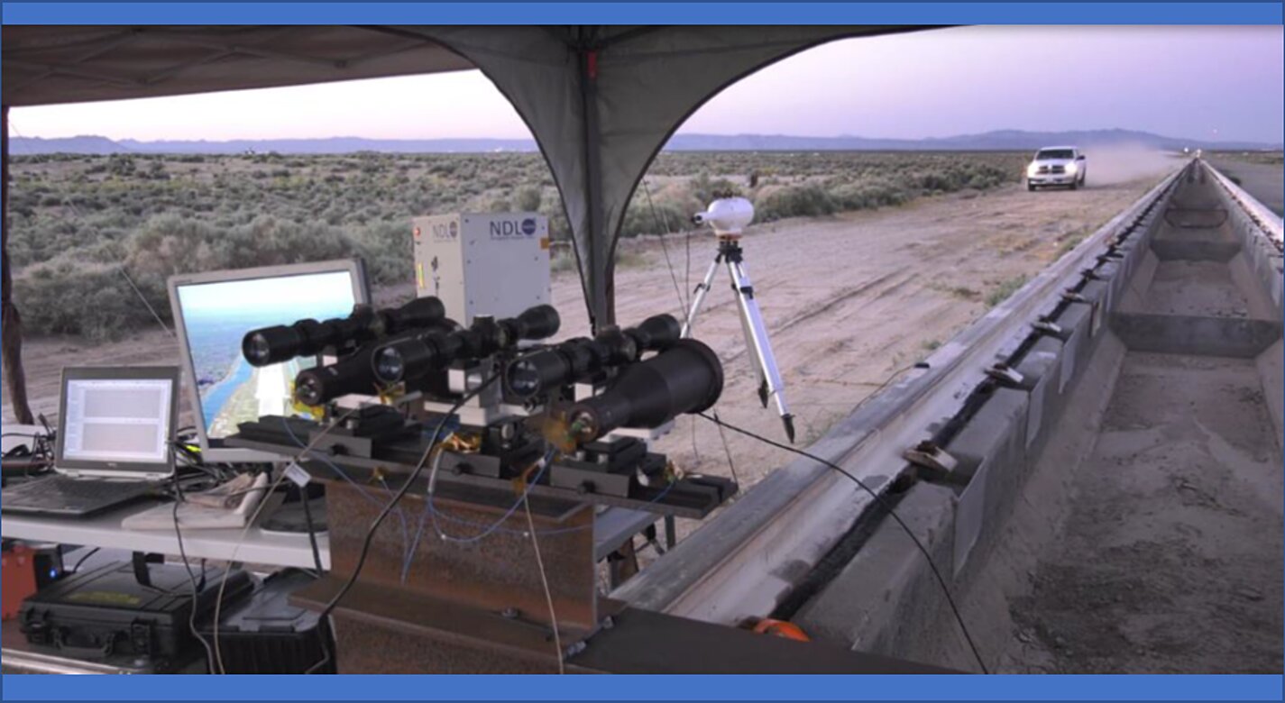 The new algorithm has been tested with the homodone sensor in performance tests like this one in which the  NDL and its three transmit/receive telescopes are placed on the end of the rocket-sled track