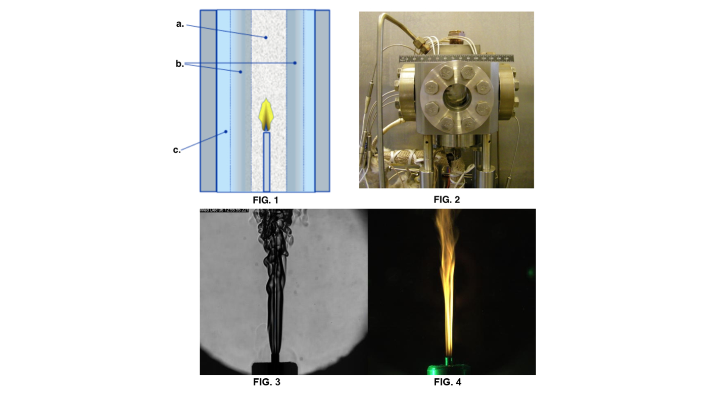 FIG. 1: Conceptual diagram of the SCWO-FPV Reactor (a. supercritical region; b. transcritical region; c. subcritical region); FIG. 2: Experimental Set-up: SCWO-FVP Test Cell; FIG. 3: B&W camera (shadowgraphic image) of the fuel/water solution being injected into the SCWO test cell filled with air and water at supercritical temperatures and pressures; FIG. 4: color camera view of the hydrothermal flame taken at the same time as FIG. 3.