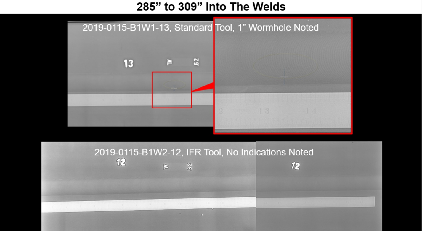 Weld inspection x-rays show a defect 300" into a SR-FSW weld made with a standard pin tool (top image). No defects were found in the first 900" of an IFR Tool weldment (bottom image).