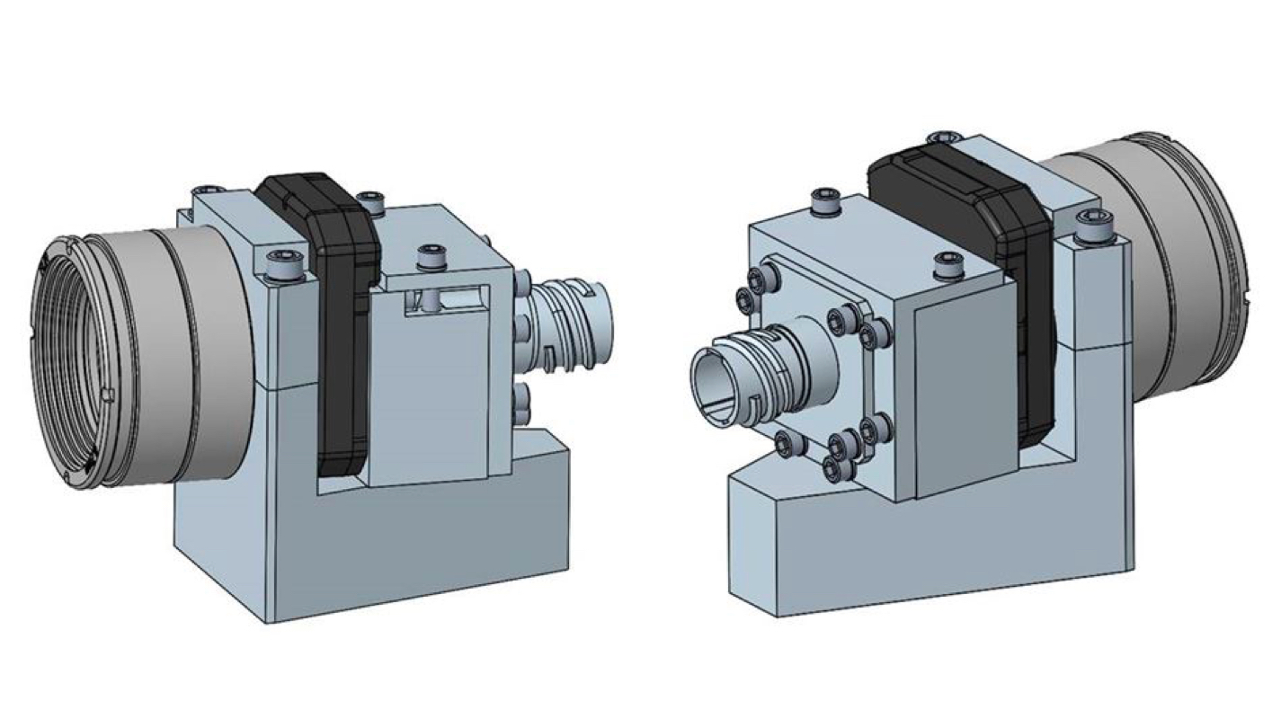 A rendering of NASA's connector and mount assembly with the FLIR Boson camera core and lens. The enclosure with the connector contains the custom printed circuit board.