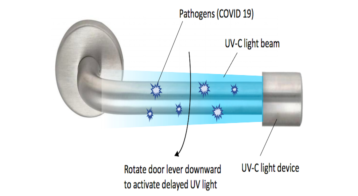 The rendering above illustrates NASA's door lever design, with pathogens on the surface. After the door handle is used, the device emits a column of UV-C light that surrounds and disinfects the surface.