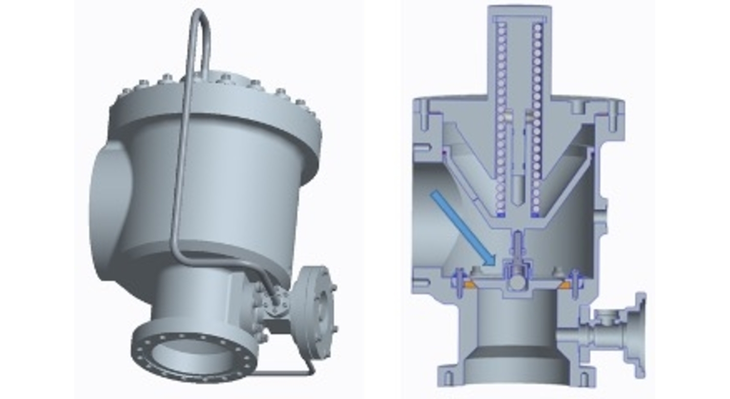 Renderings of a 3" low leakage relief valve using NASA's self-aligning poppet technology. The arrow in the cross-sectional view (right) marks the poppet head.
