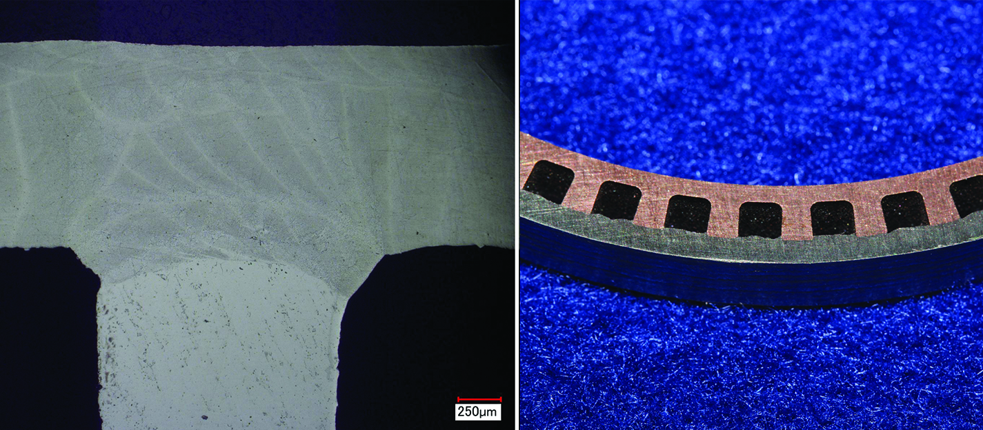 The micrograph on the left shows the quality of the bond at the interface of the channel edge and the closeout layer; on the right is a copper channel closed out with stainless.