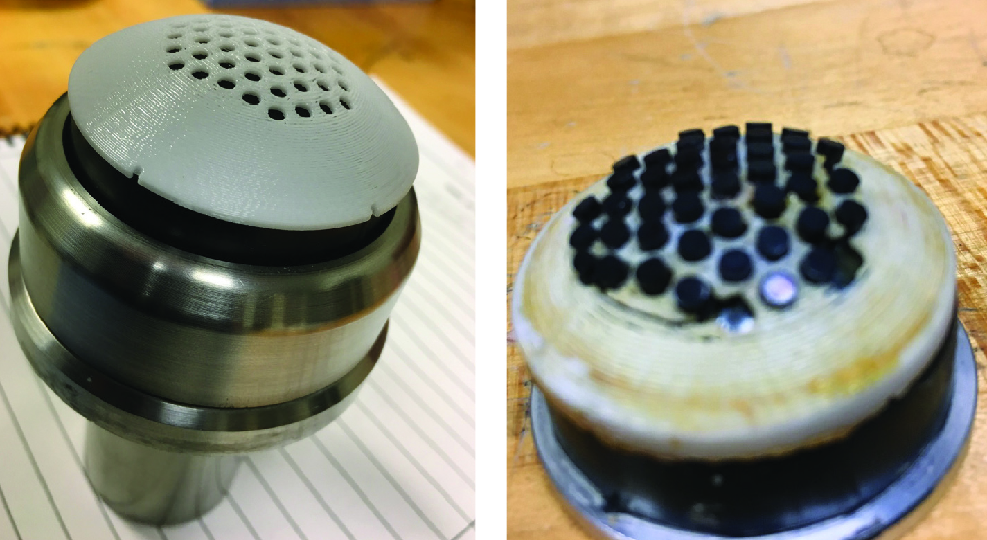 Figure - Grinding/polishing tool with rubber bladder (black) and template (white) (left photo). 
Grinding/polishing tool with diamond pellets assembled into the template (right photo).
