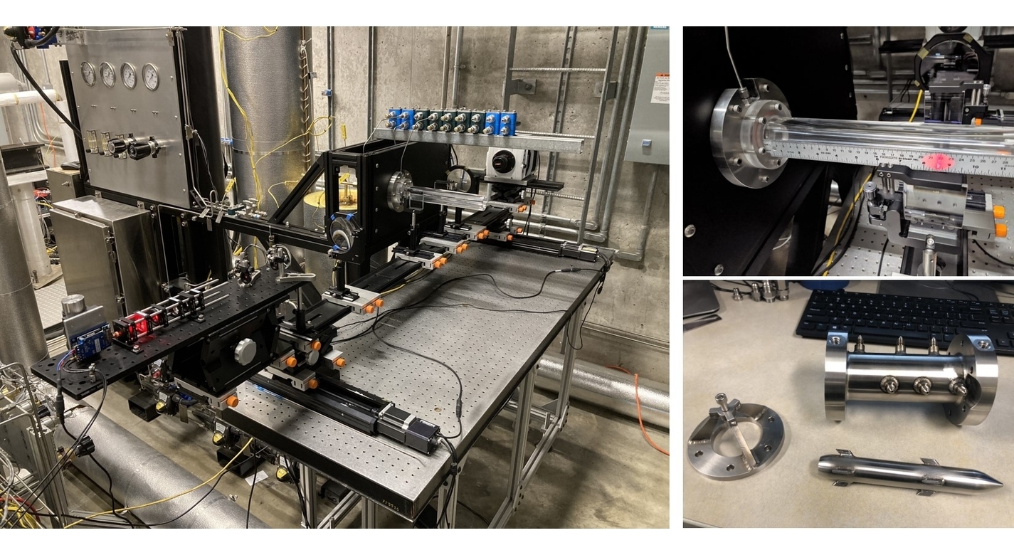 (Left) NASA's HYPERFIRE performing flow testing with integrated Schlieren flowfield imaging. (Right) Examples of NASA HYPERFIRE test articles, including a Schlieren test article (top) and centerbody diffuser test article (bottom).
