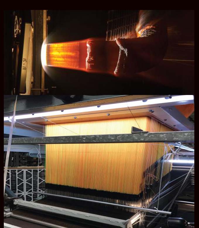 Top: HEEET model during Arc Jet testing 
Bottom: The HEEET material 3-D weaving process