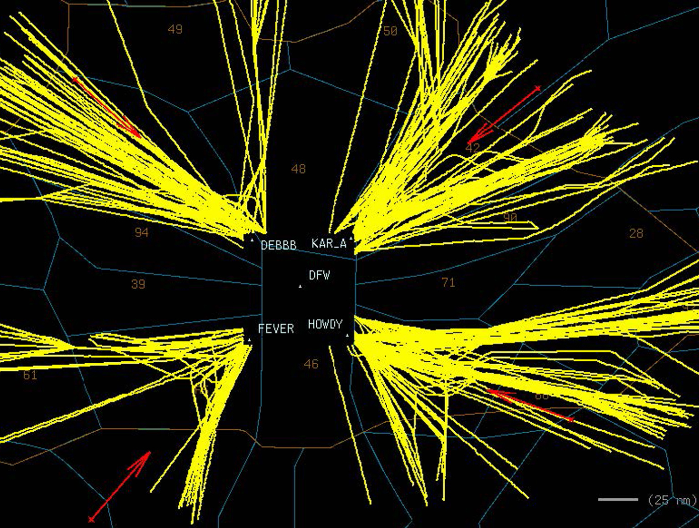 Tracks of small jet arrivals into Dallas Fort Worth, Texas