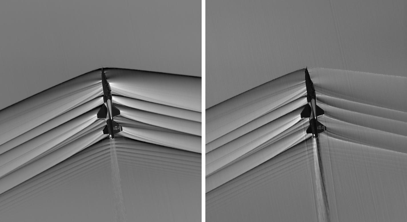 Left: Schlieren image dramatically displays the shock wave of a supersonic jet flying over the Mojave Desert. Averaging multiple frames produce a low-noise picture of the shock waves. 
Right: Horizontal gradient reveals tip vortices from the same image set.
